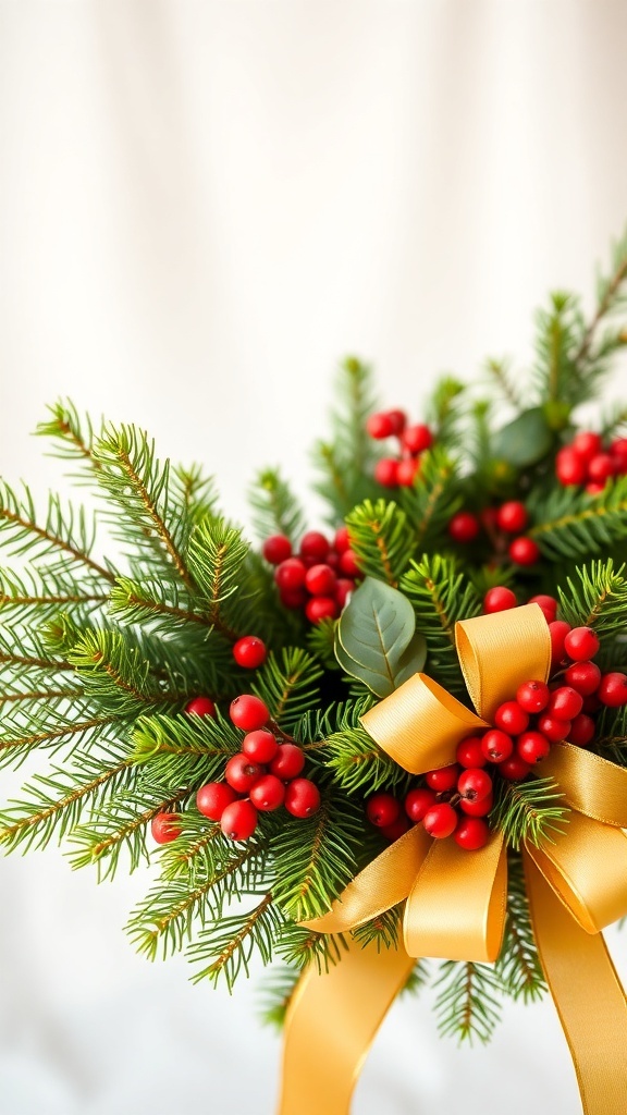 A festive Christmas wreath with pine branches, red berries, and gold ribbons on a soft background.